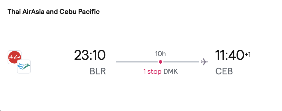 User-provided screenshot showing Thai AirAsia and Cebu Pacific from Bengaluru to Cebu via DMK
