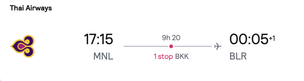 User-provided screenshot showing Thai Airways from Manila to Bengaluru via BKK