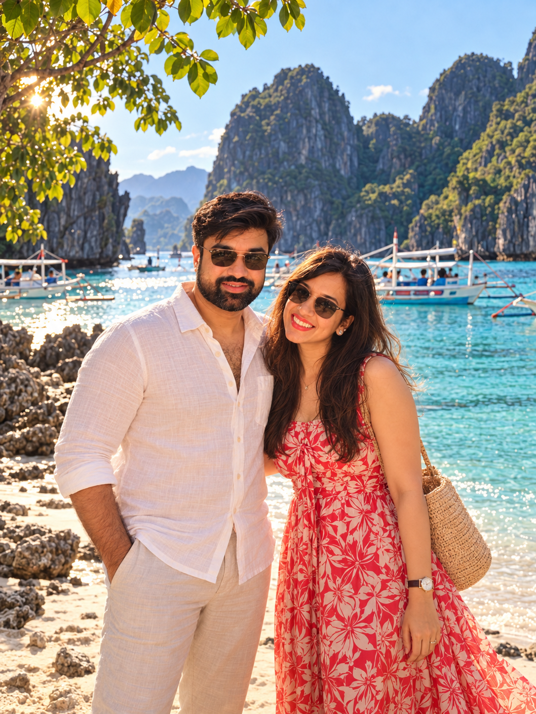 Illustrative portrait of a couple beside turquoise water and limestone cliffs