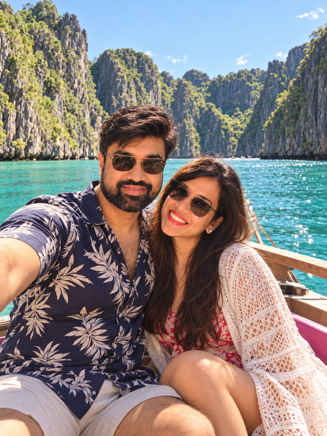 Illustrative boat selfie of a couple in a turquoise lagoon surrounded by limestone cliffs