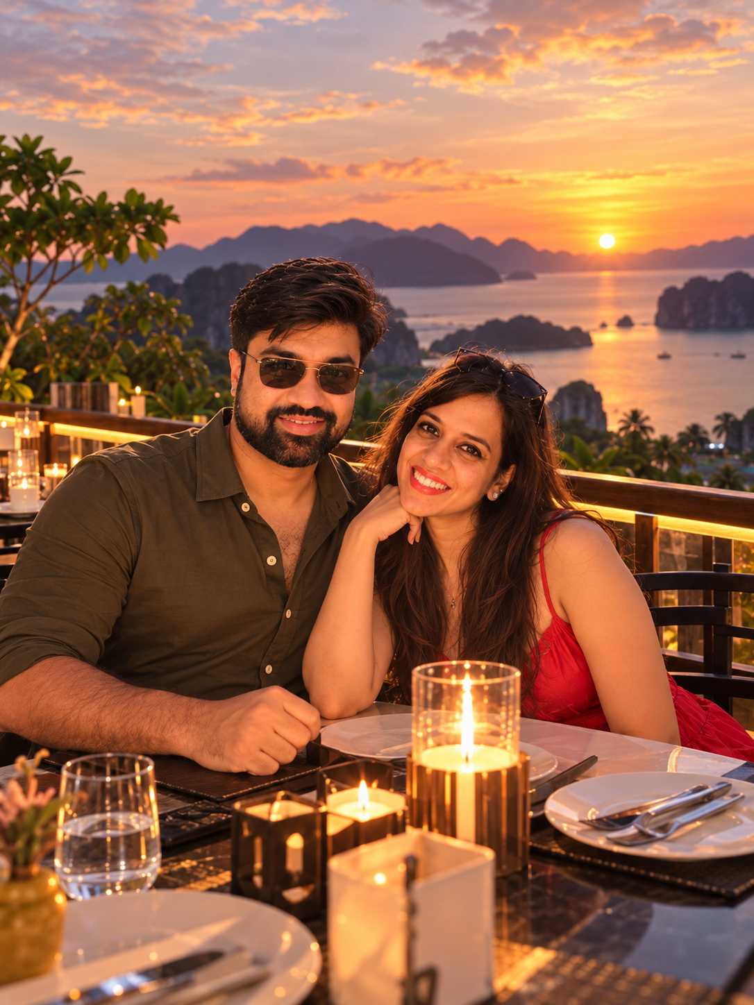 Illustrative candlelit dinner for a couple overlooking a sunset bay
