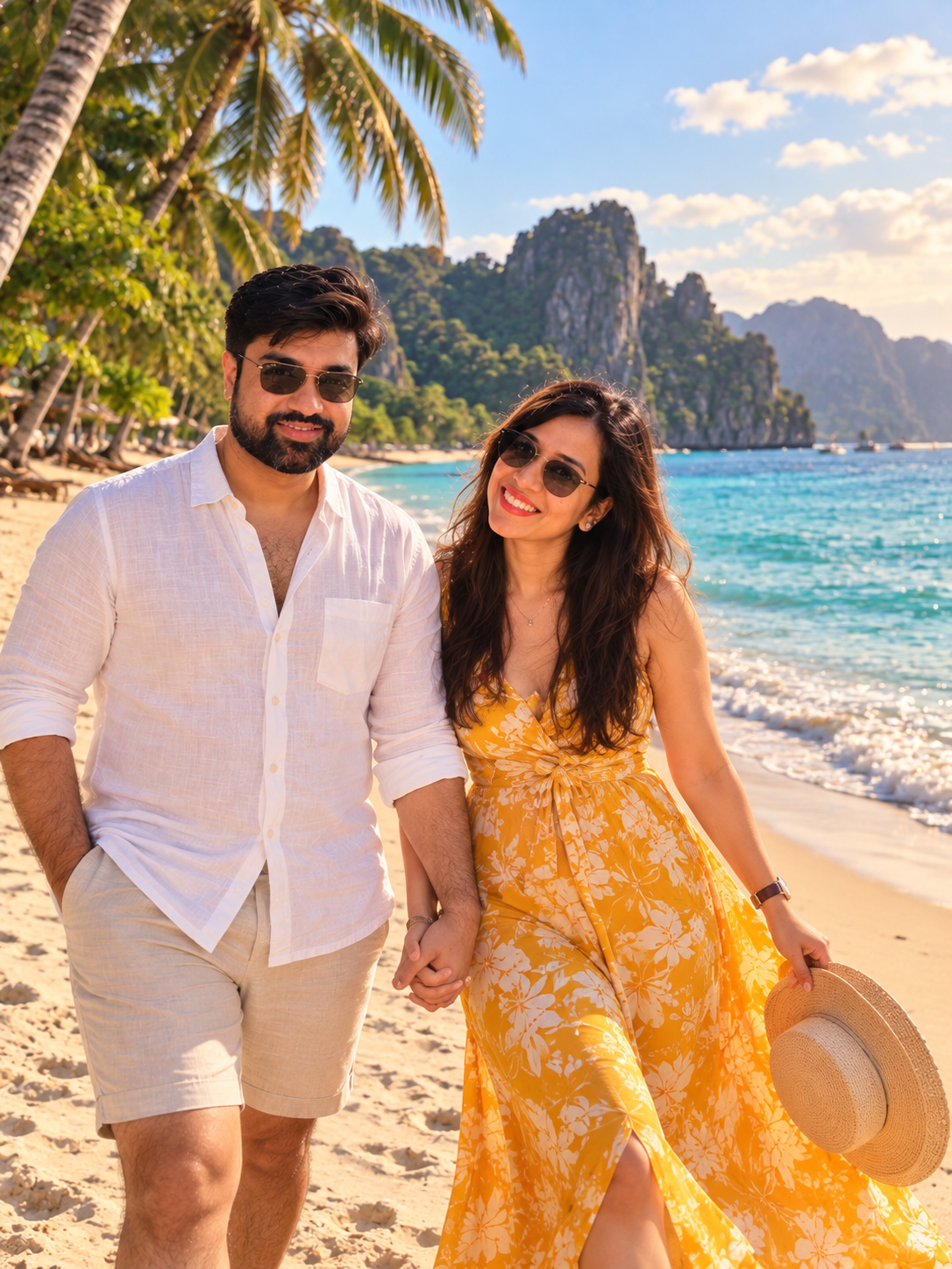 Illustrative beach walk of a couple beneath palm trees with limestone cliffs behind them