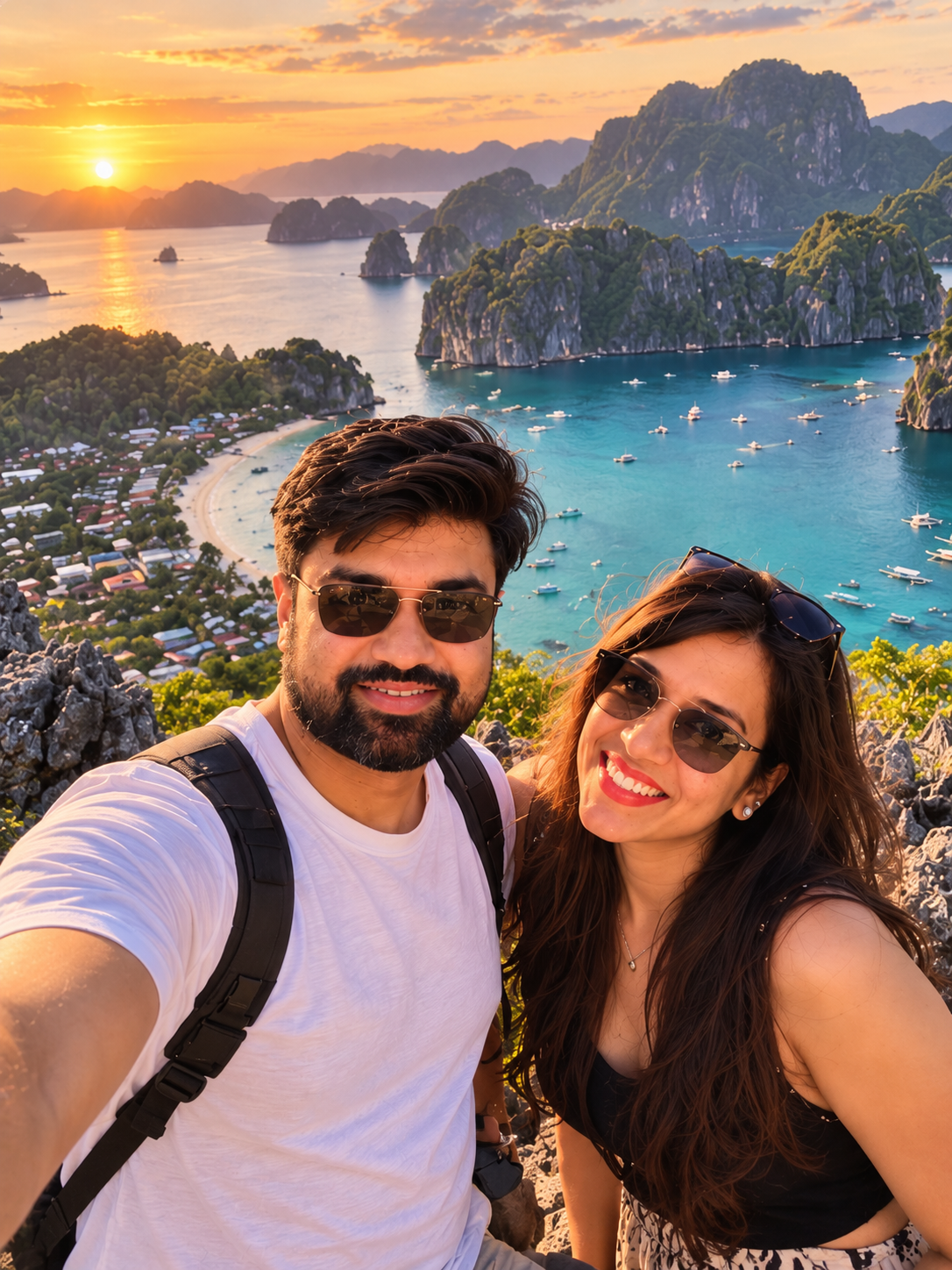 Illustrative couple selfie from a high viewpoint above a bay filled with small islands