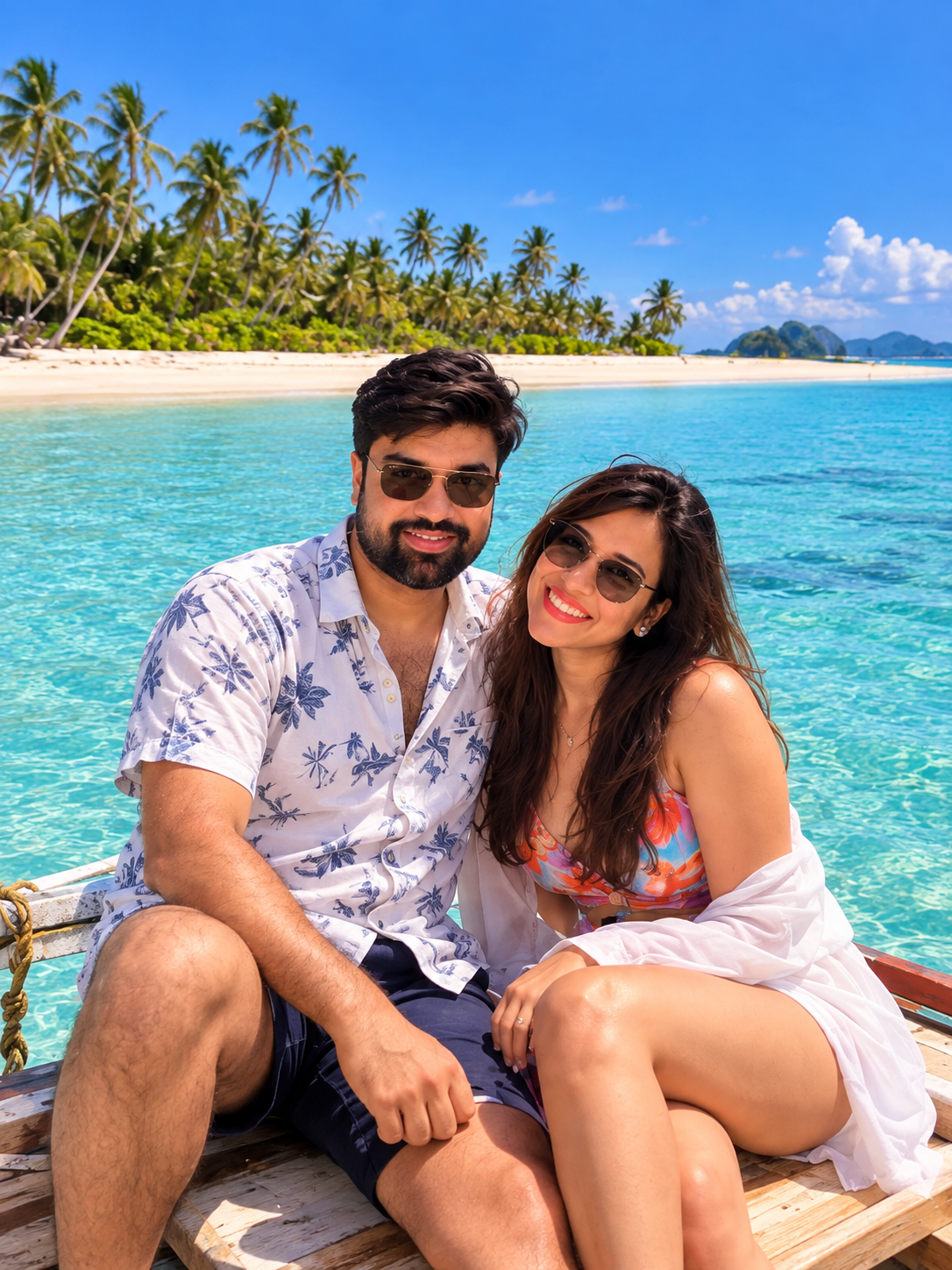 Illustrative couple sitting on a boat beside a bright white-sand island